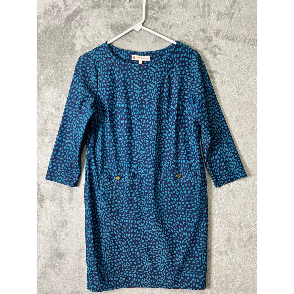 Jude Connally Teal Blue Dot Print Shift Dress Jude Cloth Stretch Office Work S